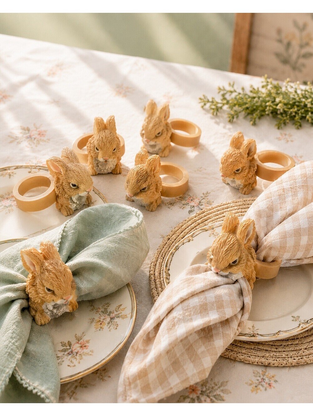 Vintage 1990s Set Of 10 Bunny Rabbit Figural Resin Napkin Rings, 2.5x2”